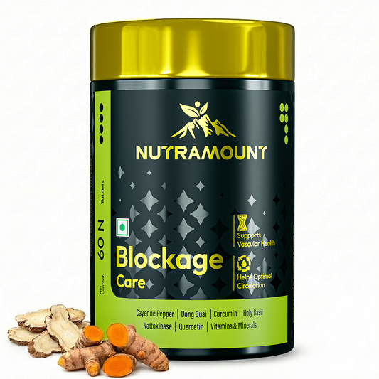 Nutramount Blockage Care supplement bottle displayed with turmeric and herbal roots, featuring key ingredients like Cayenne Pepper and Curcumin to support vascular health and optimal circulation.