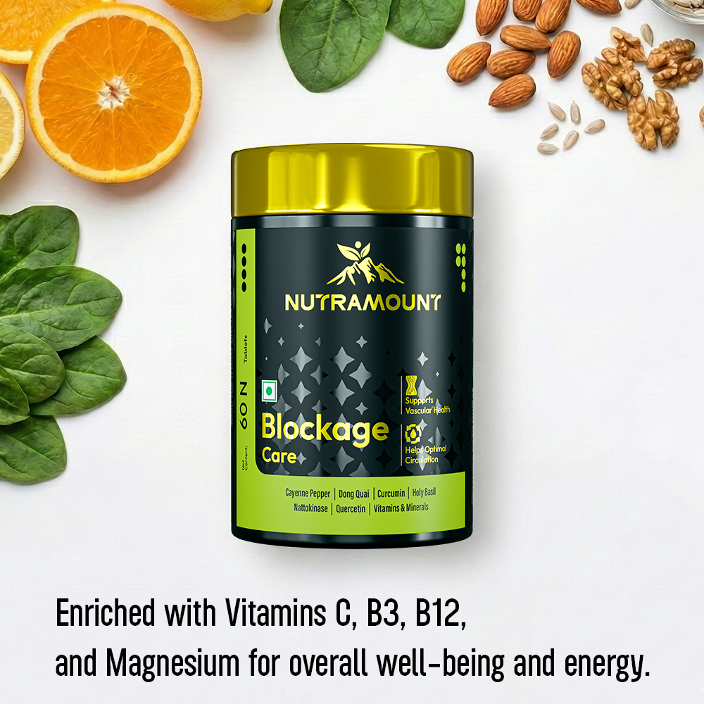 Infographic for Nutramount Blockage Care supplement featuring a man checking his fitness tracker next to a large heart icon, alongside a top-down view of the product bottle surrounded by healthy foods like oranges, spinach, and nuts.