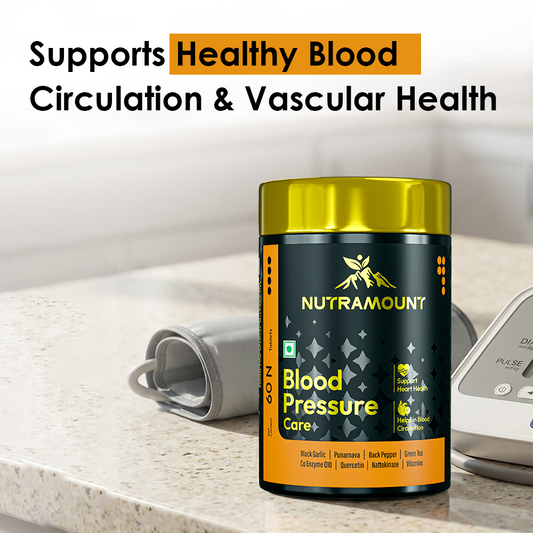 Infographic for Nutramount Blood Pressure Care supplement featuring the product bottle next to a digital blood pressure monitor, with text emphasizing support for healthy blood circulation and vascular health.