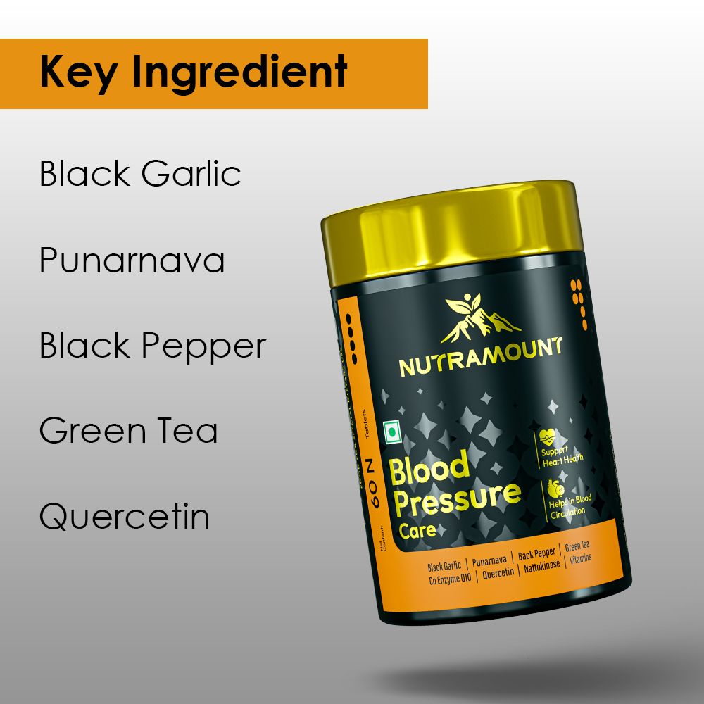Infographic for Nutramount Blood Pressure Care featuring a woman having her blood pressure checked by a doctor, alongside a list of product benefits and key ingredients like Black Garlic, Punarnava, and Green Tea.