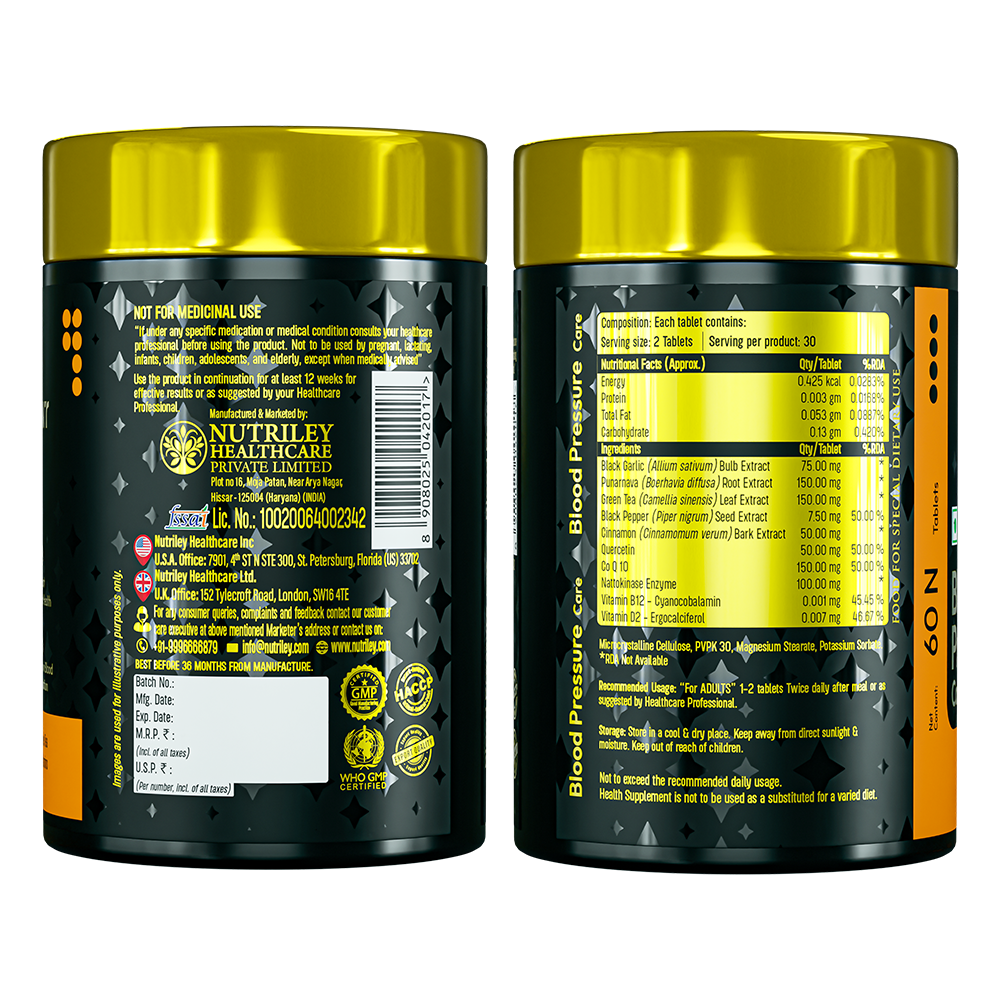 
Two side-view angles of a Nutramount Blood Pressure Care supplement bottle displaying the nutritional facts, key herbal ingredients like Black Garlic and Punarnava, and manufacturing certifications.
