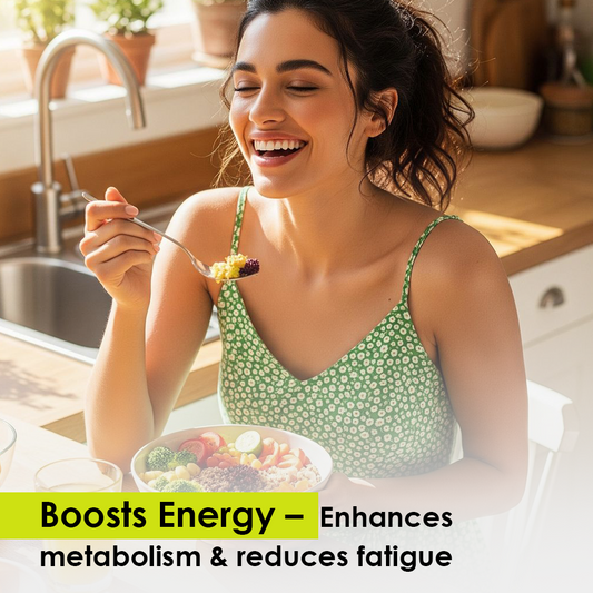 Lifestyle infographic featuring a woman smiling while eating a healthy bowl of food, with text emphasizing boosted energy, enhanced metabolism, and reduced fatigue.