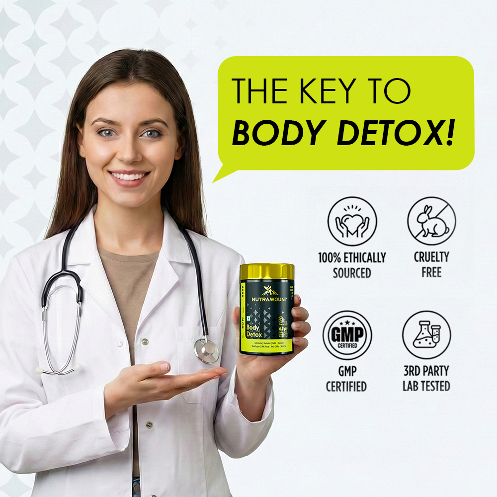 Infographic featuring a female healthcare professional holding a Nutramount Body Detox bottle, accompanied by certification icons for ethical sourcing, cruelty-free, GMP certified, and 3rd party lab testing.