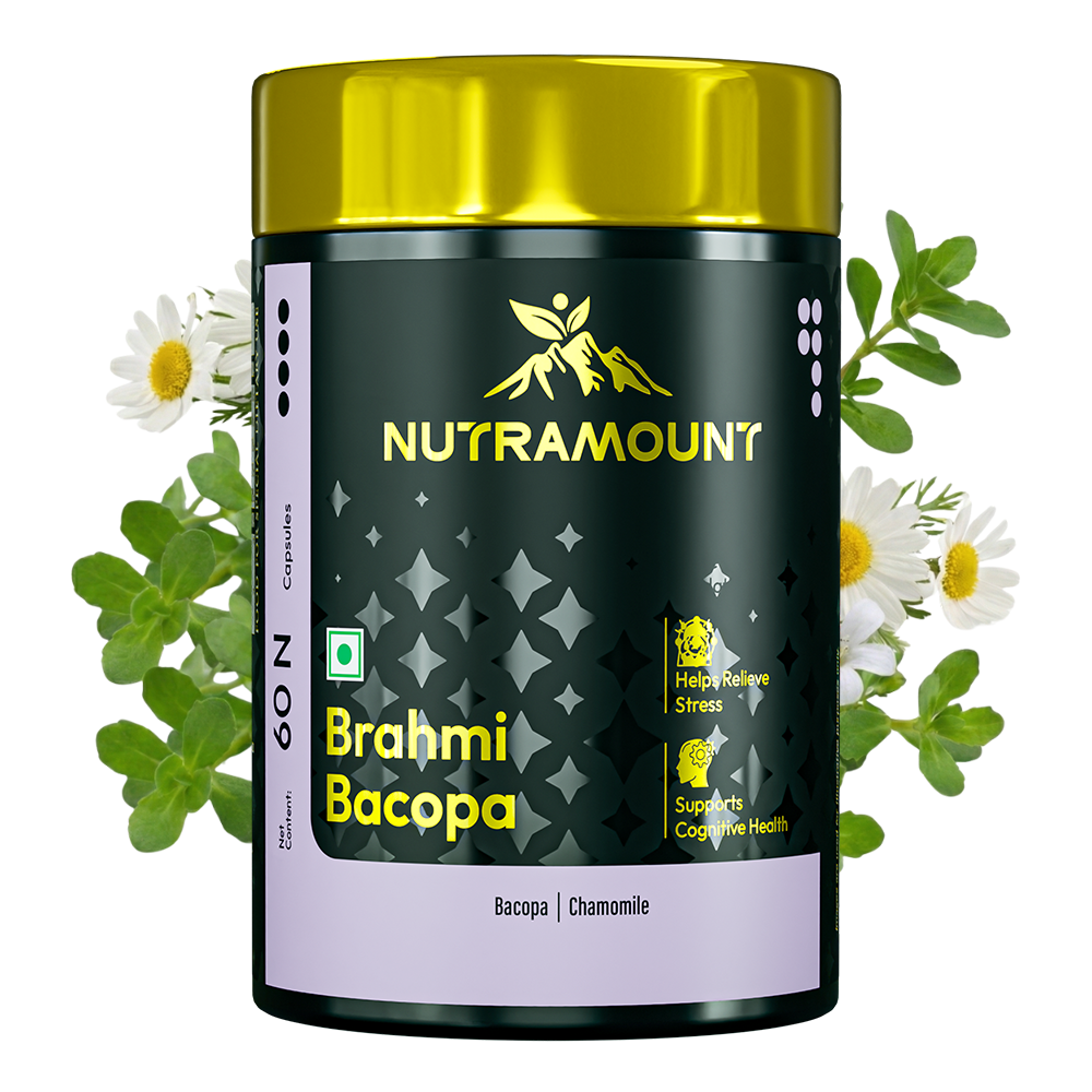 A black and gold supplement bottle of Nutramount Brahmi Bacopa capsules, featuring Bacopa and Chamomile, with text highlighting its benefits for relieving stress and supporting cognitive health.