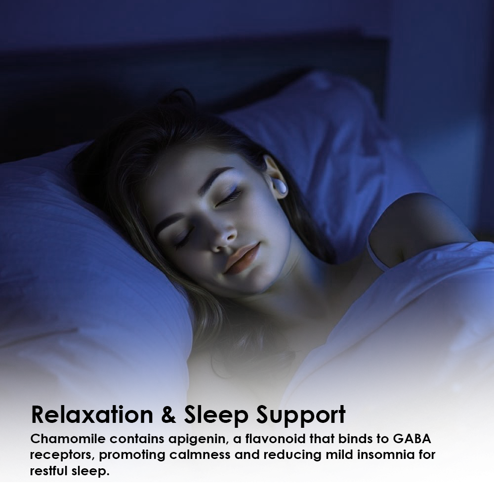 A woman sleeping peacefully in bed, with text describing how Chamomile provides relaxation and sleep support by promoting calmness and reducing mild insomnia.