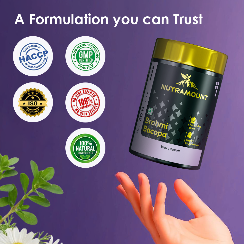 A Nutramount Brahmi Bacopa supplement bottle hovering above an open hand, accompanied by trust badges for HACCP, GMP Certified, ISO Certified, 100% natural ingredients, and a "no side effects" guarantee.
