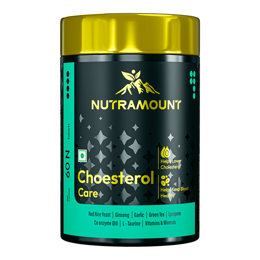 Nutramount Cholesterol Care supplement bottle with key ingredients like Red Rice Yeast, Garlic, and Coenzyme Q10, highlighting its role in lowering cholesterol and supporting blood health.