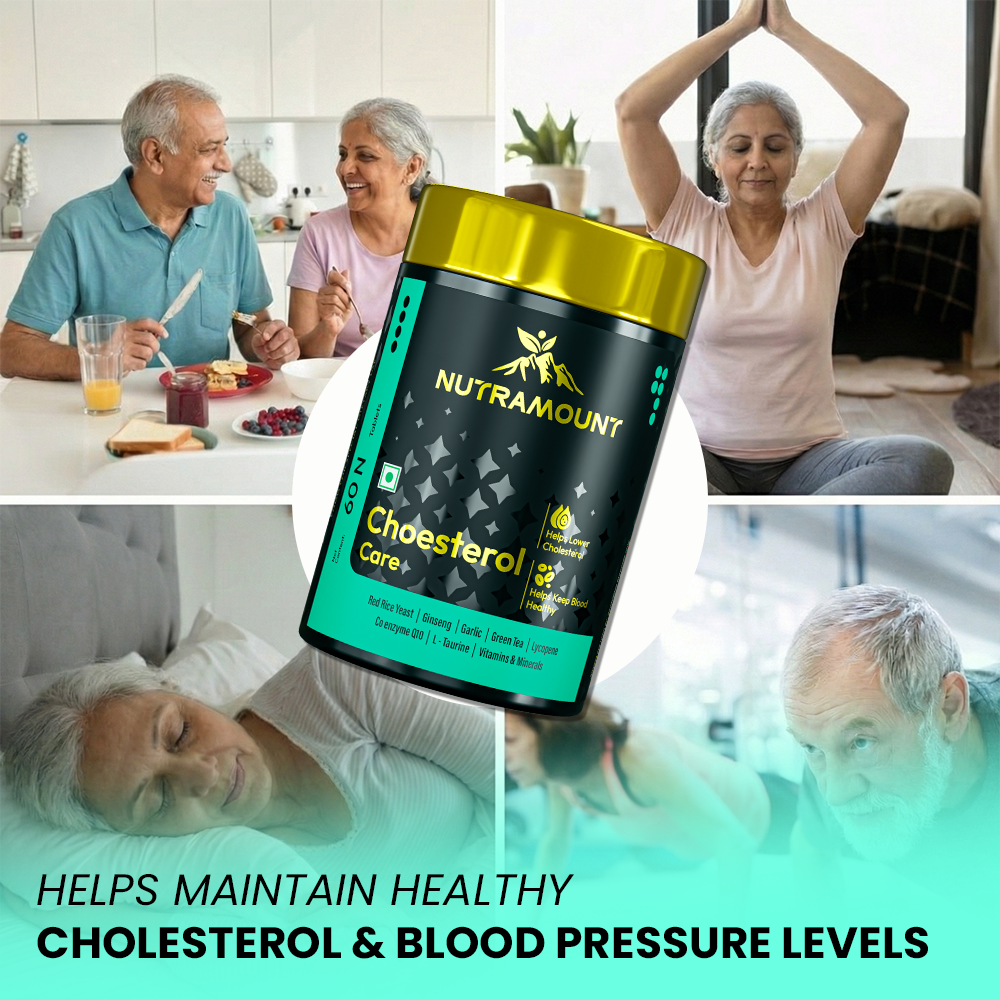 
Infographic for Nutramount Cholesterol Care featuring a collage of a senior couple enjoying a meal, practicing yoga, and sleeping peacefully, highlighting the product's role in maintaining healthy cholesterol and blood pressure levels.