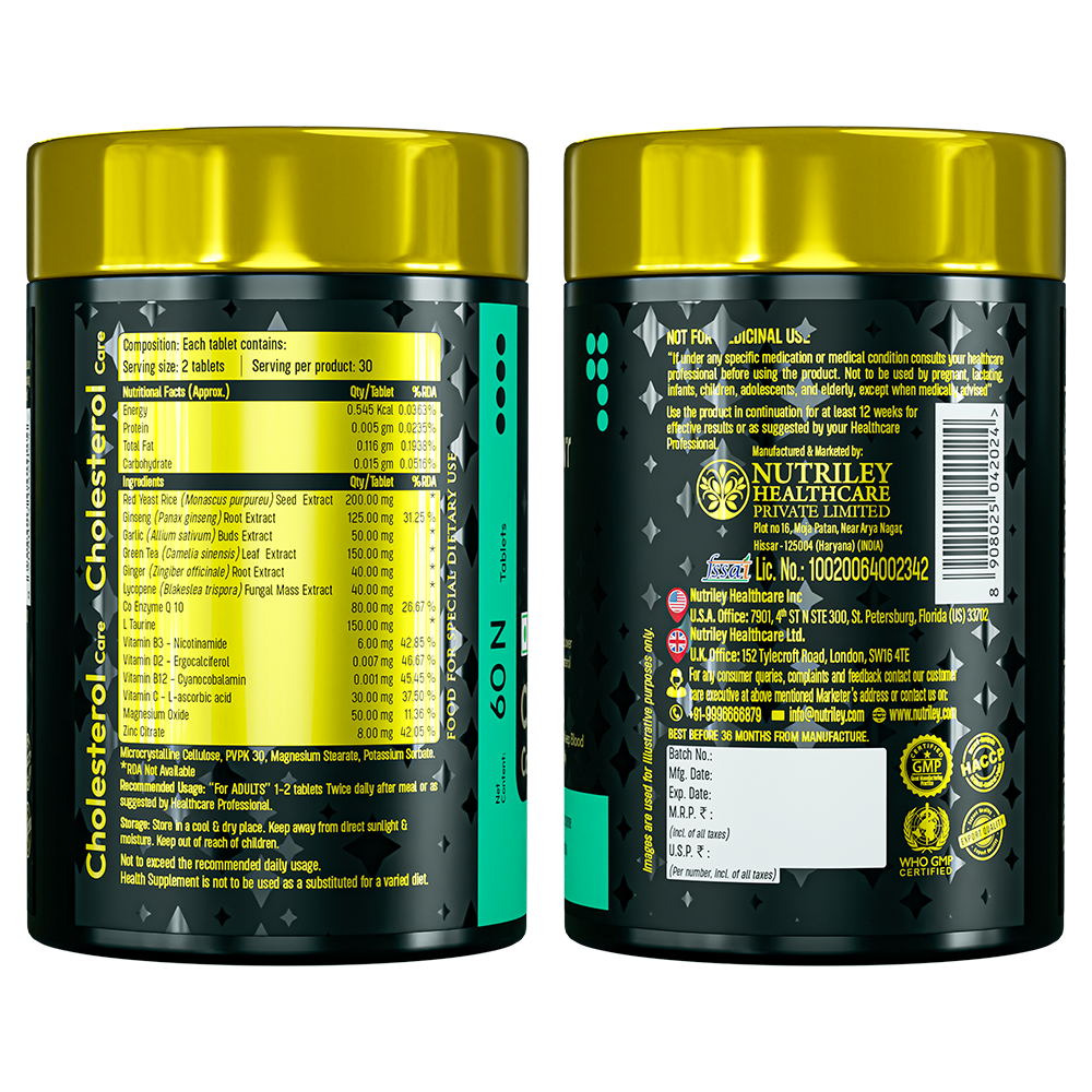 Two side-view angles of a Nutramount Cholesterol Care supplement bottle displaying nutritional facts and herbal ingredients, paired with an infographic of a man exercising and icons for certifications like GMP, Non-GMO, and Vegan.