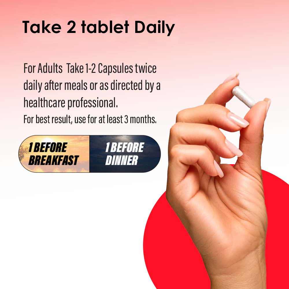 A hand holding a single supplement capsule between the thumb and forefinger, accompanied by text instructions to "Take 2 tablets Daily," specifically one before breakfast and one before dinner for at least 3 months.