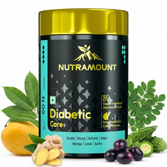 Nutramount Diabetic Care supplement bottle displayed with its key herbal ingredients, including mango, ginger, jamun, and karela, to highlight its role in supporting insulin secretion and pancreas health.