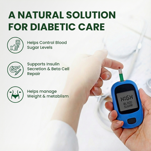 Infographic for a diabetic care supplement featuring a hand holding a glucometer displaying "High Blood Sugar," with icons highlighting benefits for blood sugar control, insulin secretion, and weight management.