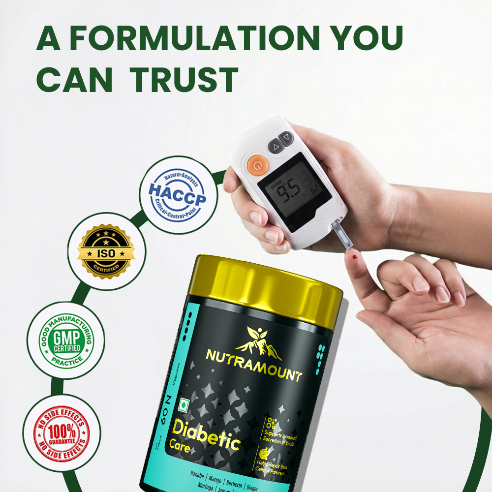 Infographic for a wellness supplement showing two side-view angles of a Diabetic Care bottle, detailing the nutritional information and manufacturing certifications.