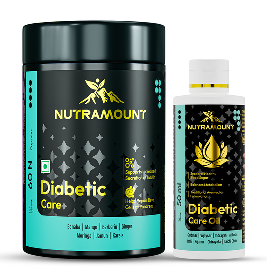 Nutramount Diabetic Care capsules and oil for blood sugar support in premium Ayurvedic packaging.
