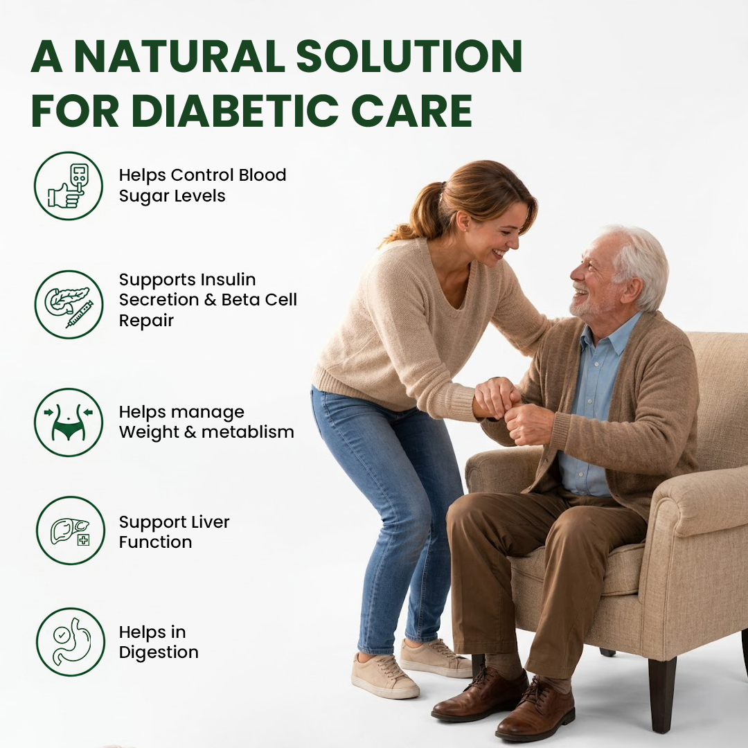 Natural diabetic care support infographic with health benefits and elderly wellness care.
