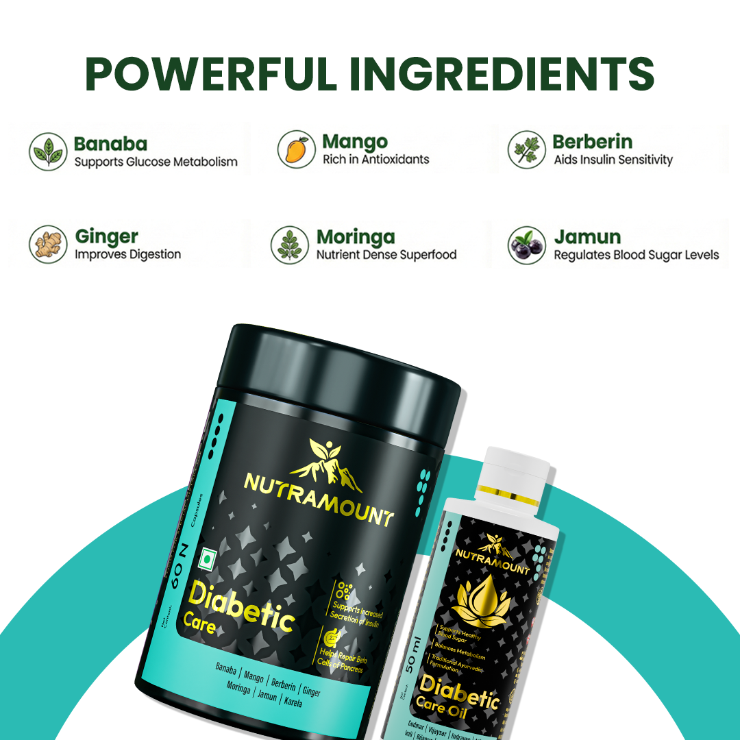Nutramount Diabetic Care with Ayurvedic ingredients for blood sugar and metabolism support.
