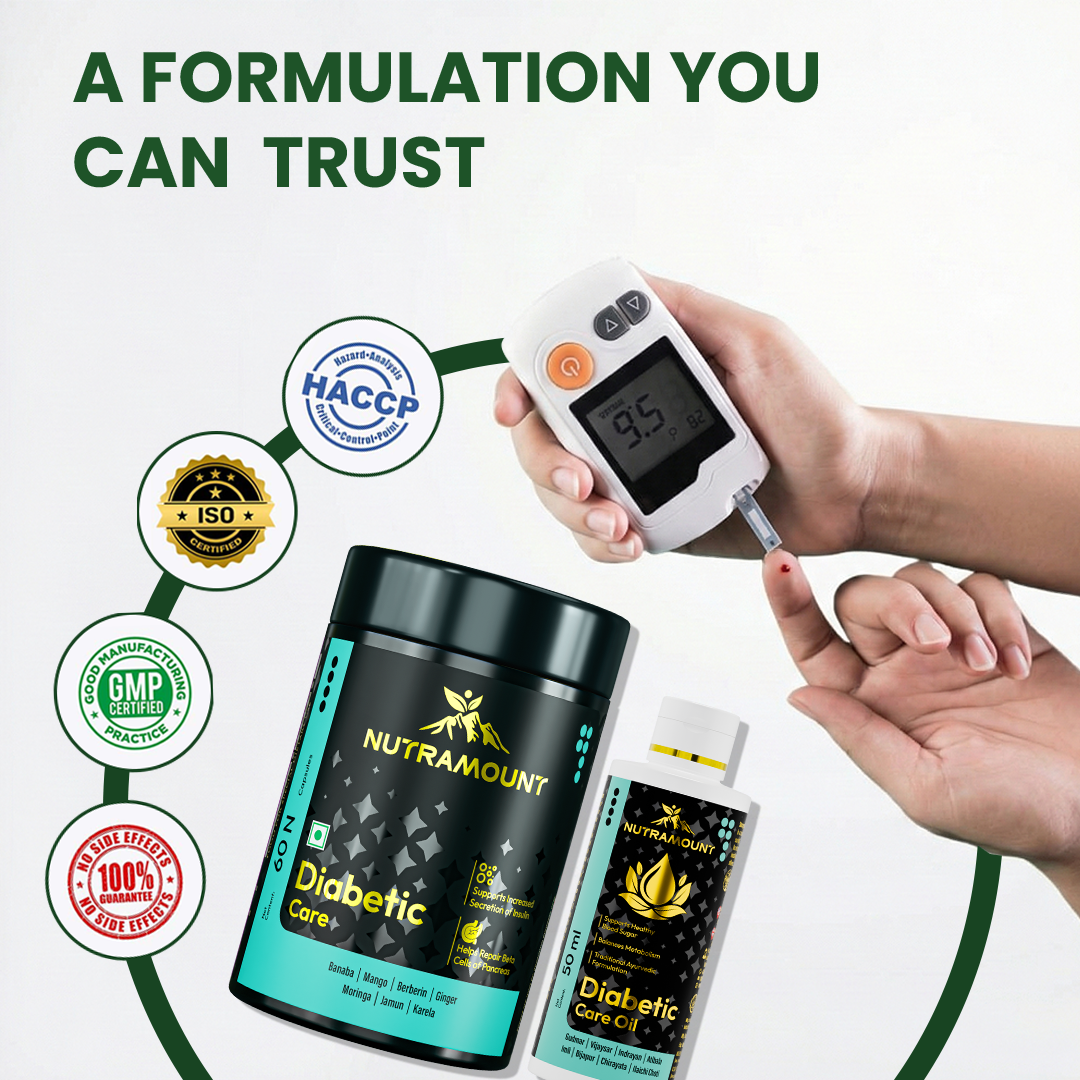 Nutramount Diabetic Care capsules and oil featured alongside a digital glucose monitor and quality certification seals.