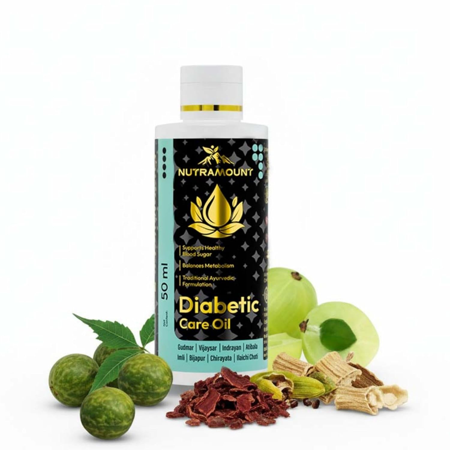 A 50ml bottle of Nutramount Diabetic Care Oil surrounded by natural Ayurvedic ingredients, including amla, neem leaves, and herbal extracts, on a white background.