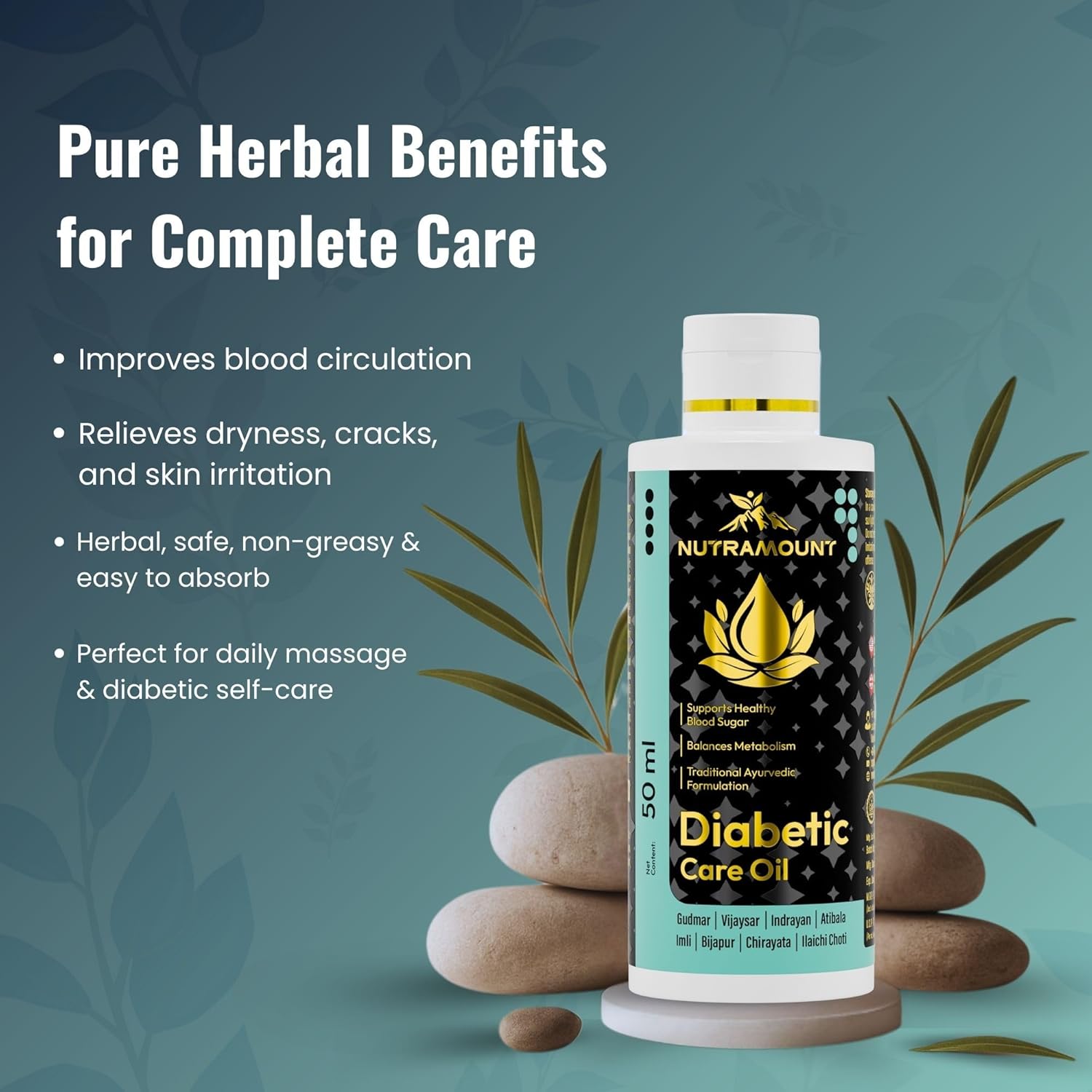 Infographic for Nutramount Diabetic Care Oil listing herbal benefits like improved circulation and skin relief alongside a bottle resting on smooth stones.