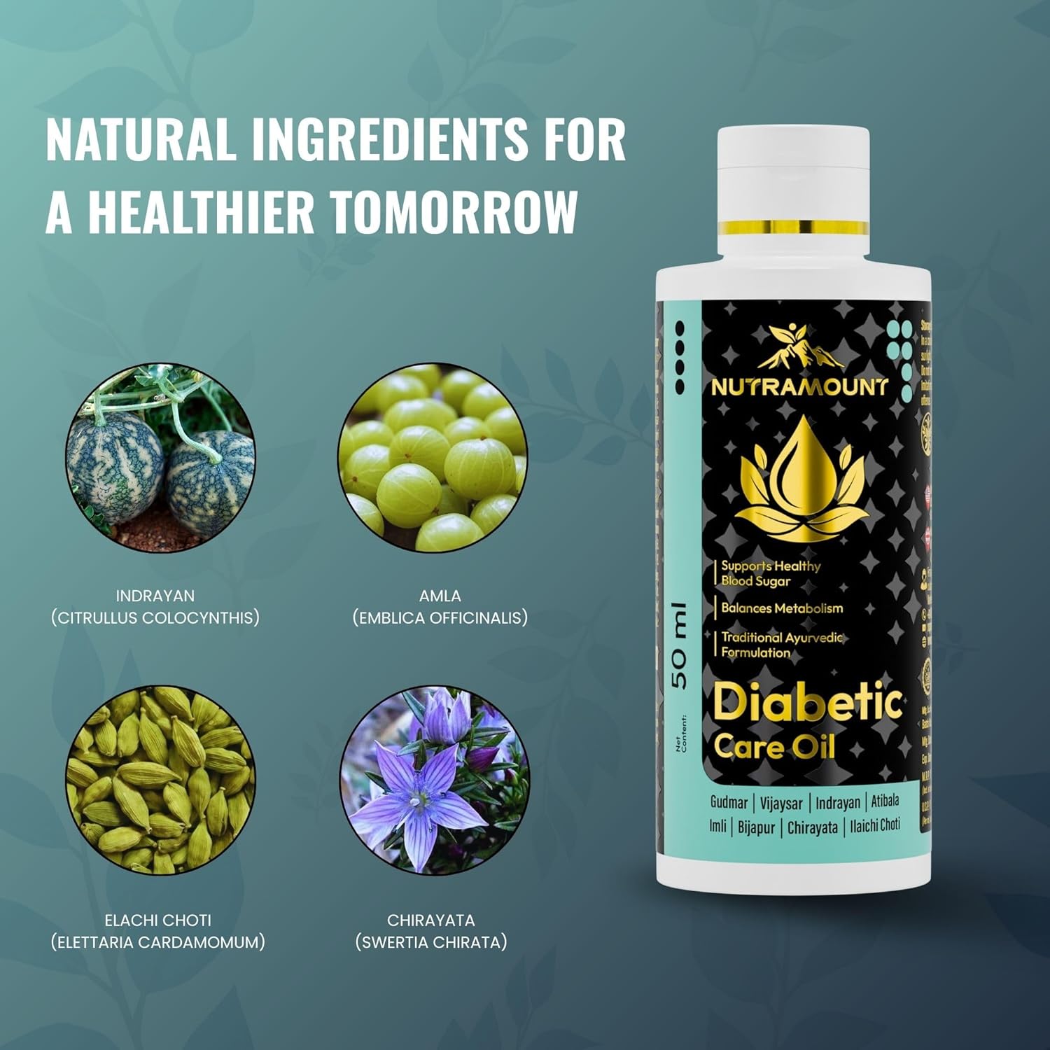 Infographic for Nutramount Diabetic Care Oil featuring a 50ml bottle and key natural ingredients: Indrayan, Amla, Elachi Choti, and Chirayata.