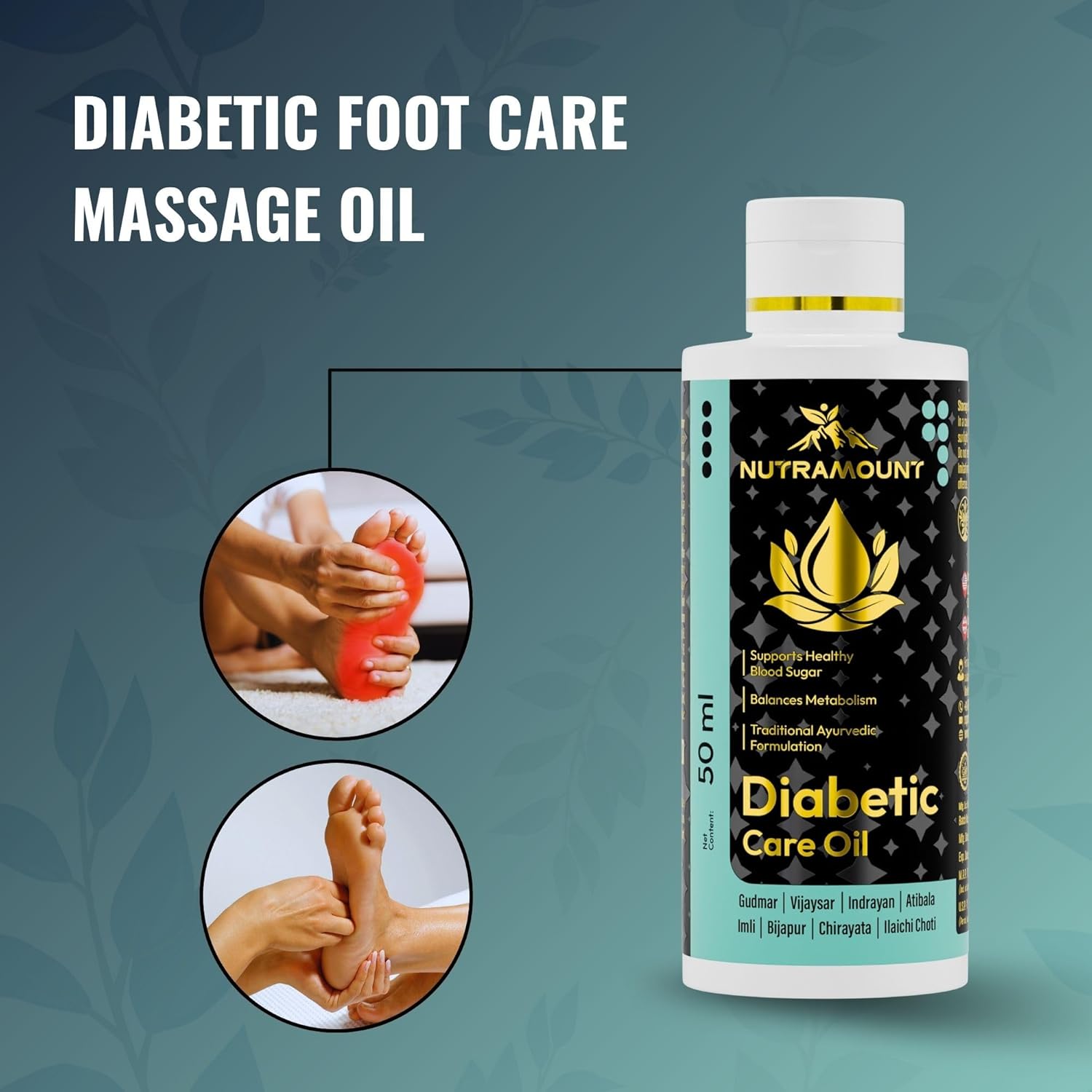 Infographic for Nutramount Diabetic Care Oil titled "Diabetic Foot Care Massage Oil," showing a 50ml bottle alongside images of a foot being massaged to relieve discomfort.