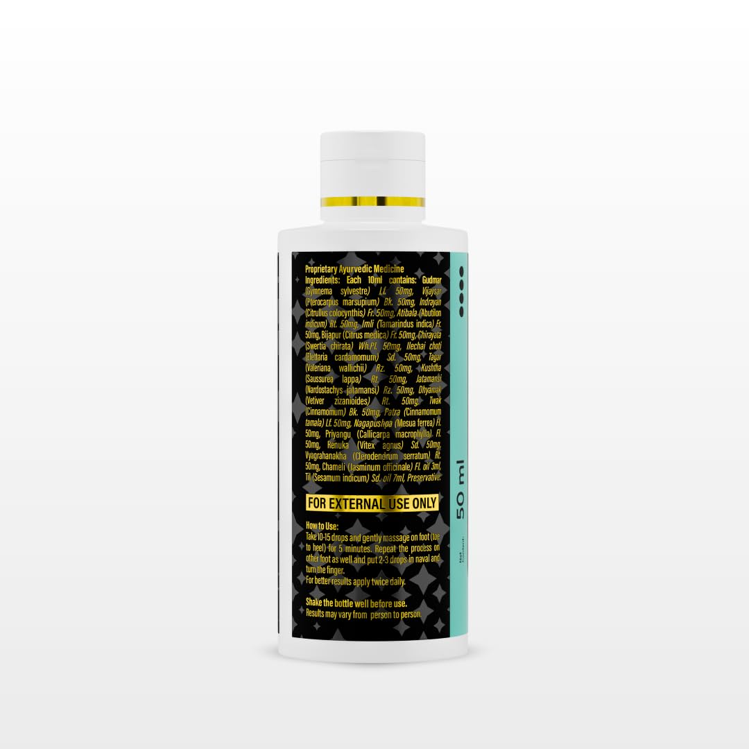 A 50ml white bottle displaying the back label of a proprietary Ayurvedic medicine, listing herbal ingredients and instructions for external use on the feet and navel.