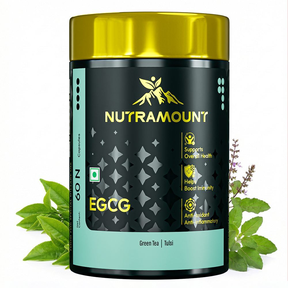 A black and teal bottle of Nutramount EGCG with Green Tea and Tulsi, set against a white background with green tea leaves. The label features icons for overall health, immunity, and anti-oxidant/anti-inflammatory support.