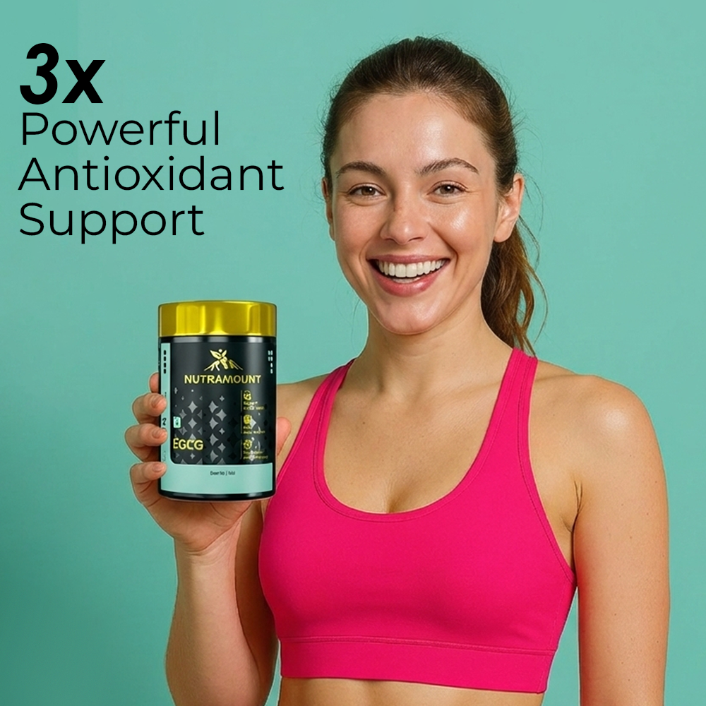 A smiling woman in pink athletic wear holds a bottle of Nutramount EGCG against a teal background. Large text to the left reads, "3x Powerful Antioxidant Support."