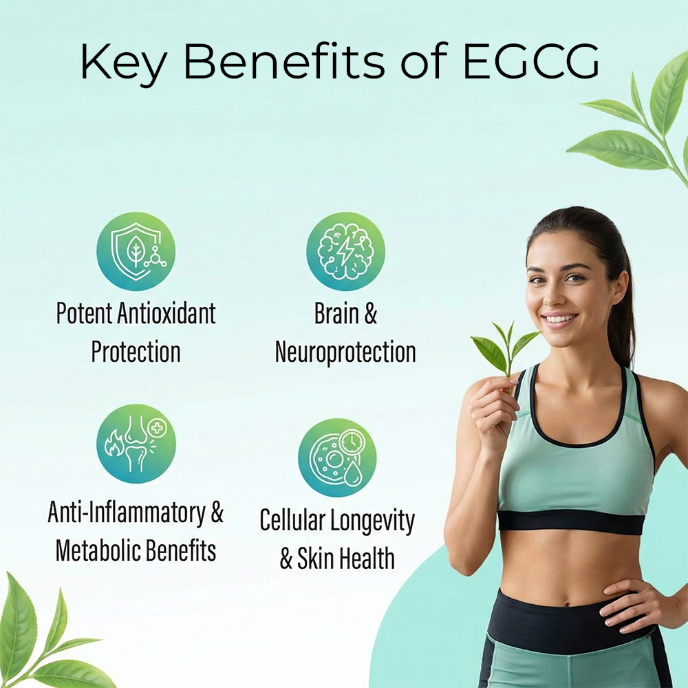 A smiling woman in athletic wear holds a small tea sprig next to icons listing the "Key Benefits of EGCG," including antioxidant protection, brain health, metabolic support, and skin health.