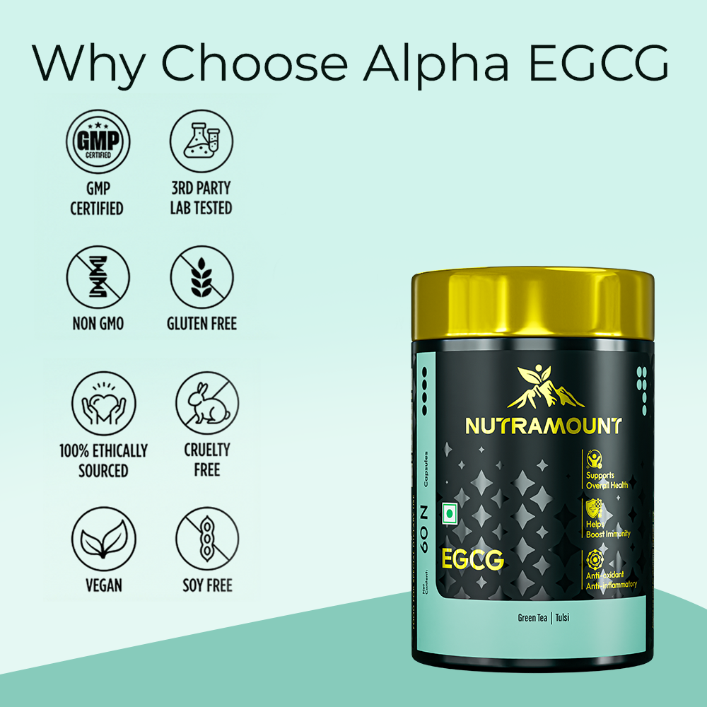 A bottle of Nutramount Alpha EGCG displayed alongside icons for GMP certification, third-party lab testing, non-GMO, gluten-free, ethical sourcing, cruelty-free, vegan, and soy-free qualities. Text at the top asks, "Why Choose Alpha EGCG."