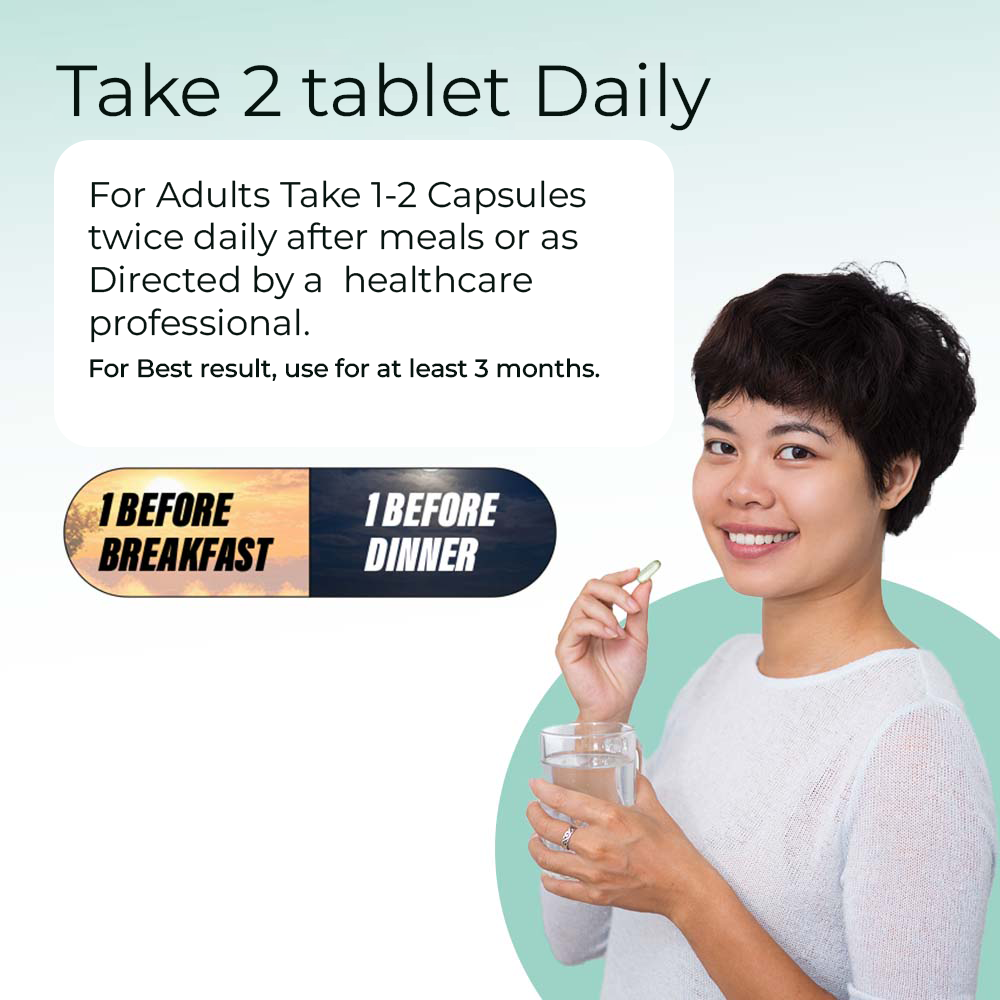 A smiling woman holds a glass of water and a capsule, next to text advising a "Suggested Dosage" of 1–2 capsules daily, ideally one before breakfast and one before dinner. Information notes that for best results, the product should be used for at least 3 months.