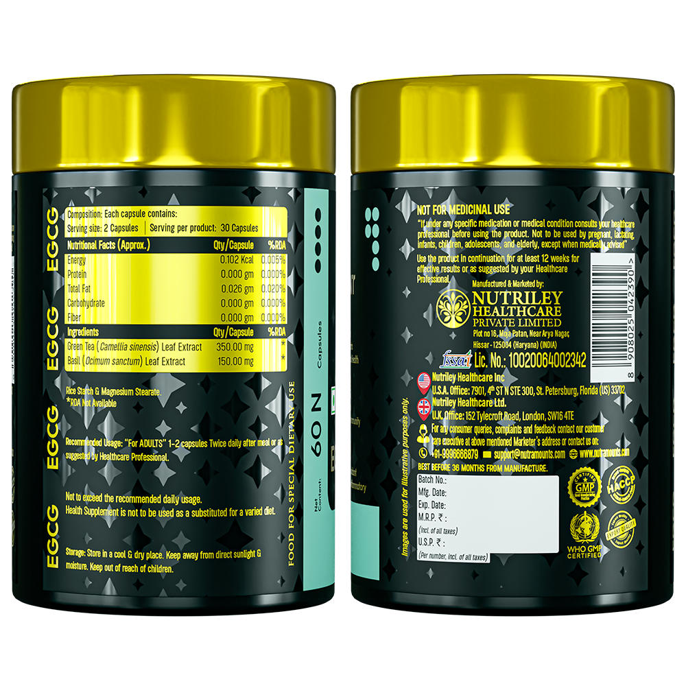 Two side-by-side views of a Nutramount EGCG bottle label showing nutritional facts, ingredient amounts for Green Tea and Basil extracts, and manufacturing details. The label includes dosage warnings, storage instructions, and quality certification seals.