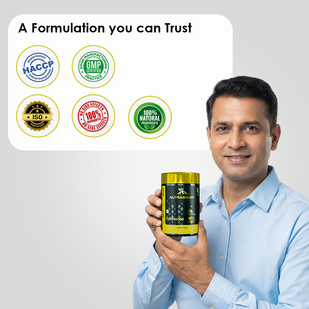 A man in a light blue shirt holding a Nutramount Echinacea supplement bottle, displayed with quality assurance icons for HACCP, GMP, ISO, "No Side Effects" guarantee, and 100% Natural Ingredients.