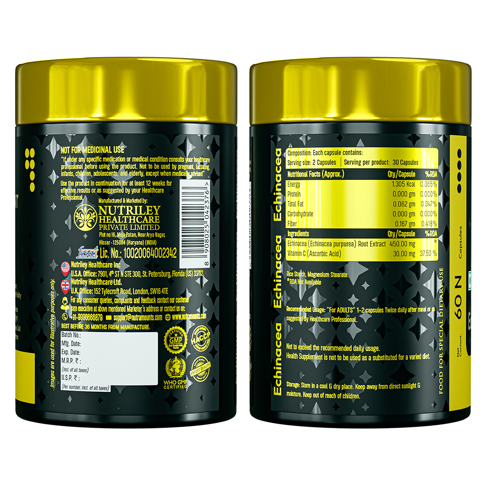 The back label of a Nutramount Echinacea supplement bottle, showing the nutritional facts, ingredients including Echinacea purpurea root extract and Vitamin C, manufacturer details for Nutriley Healthcare, and storage instructions.