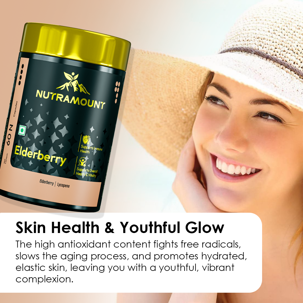 A Nutramount Elderberry supplement bottle positioned next to a smiling woman wearing a sun hat. Text describes how the high antioxidant content supports skin health, fights free radicals, and promotes a youthful, vibrant complexion.