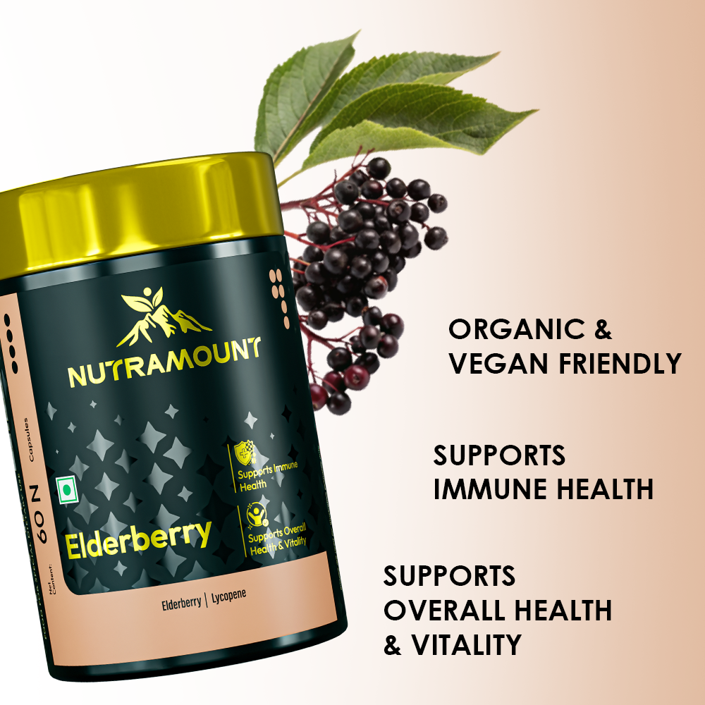 Nutramount Elderberry capsule container next to fresh elderberries, highlighting immune health and organic, vegan-friendly benefits.