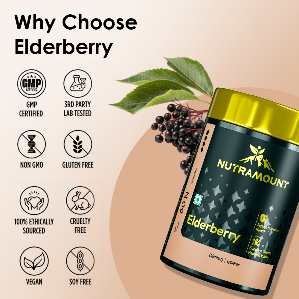 "Why Choose Elderberry" infographic showing a Nutramount supplement bottle alongside icons for GMP, Non-GMO, Vegan, Gluten-Free, and Cruelty-Free certifications.
