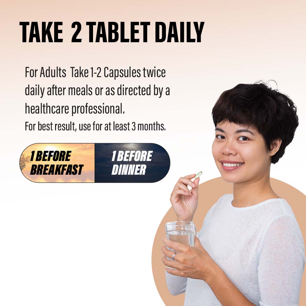 Instructional graphic showing a woman with a capsule and water, with text advising to take two tablets daily: one before breakfast and one before dinner.