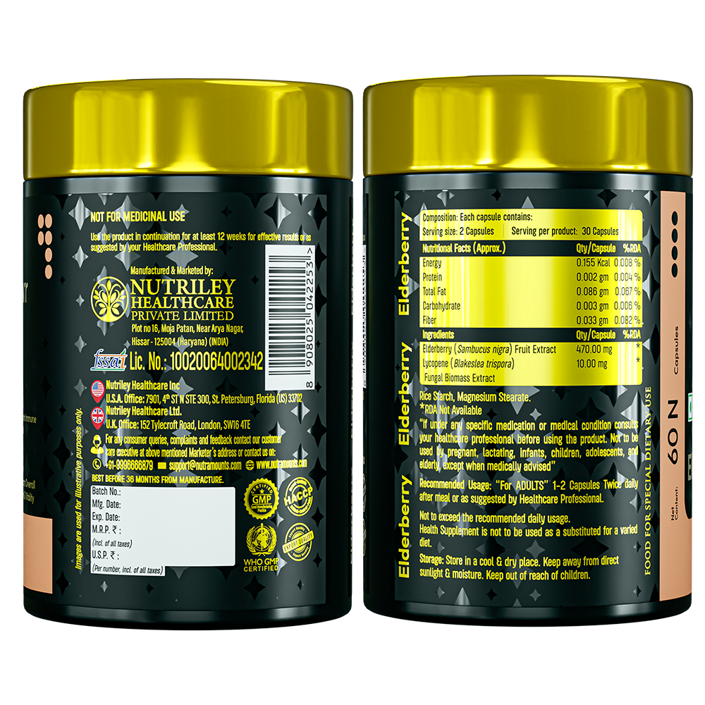 Product label view of two Nutramount Elderberry supplement bottles showing nutritional facts, ingredients like Elderberry and Lycopene, and manufacturing details for Nutriley Healthcare.