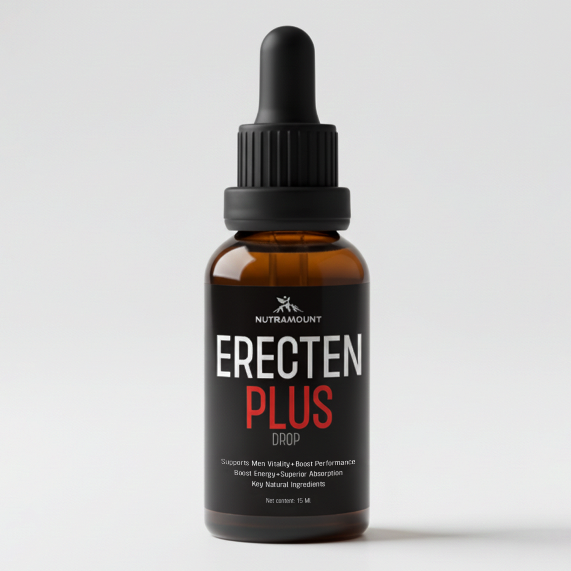 Nutramount Erecten Plus Drop performance supplement in a dark glass dropper bottle against a white background.