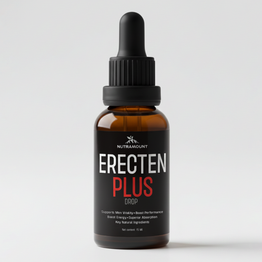 Nutramount Erecten Plus Drop performance supplement in a dark glass dropper bottle against a white background.