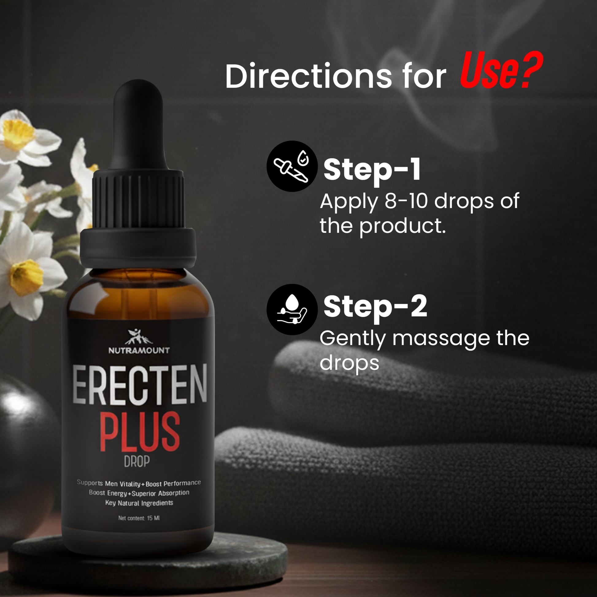 Nutramount Erecten Plus Drop infographic showing two steps for use: apply 8-10 drops and gently massage.