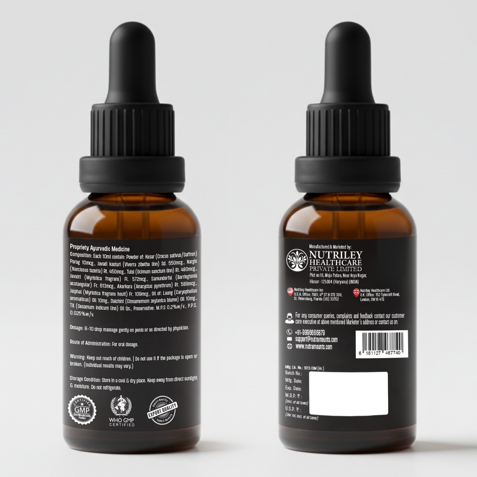 Two brown glass dropper bottles standing side-by-side on a white background, showing the front and back labels for an Ayurvedic medicine manufactured by Nutriley Healthcare.