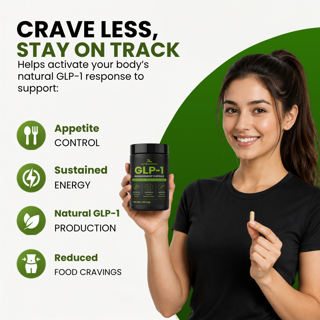 Woman holding Nutramount GLP-1 Management Capsule with messaging about appetite control, sustained energy, natural GLP-1 production and reduced food cravings.