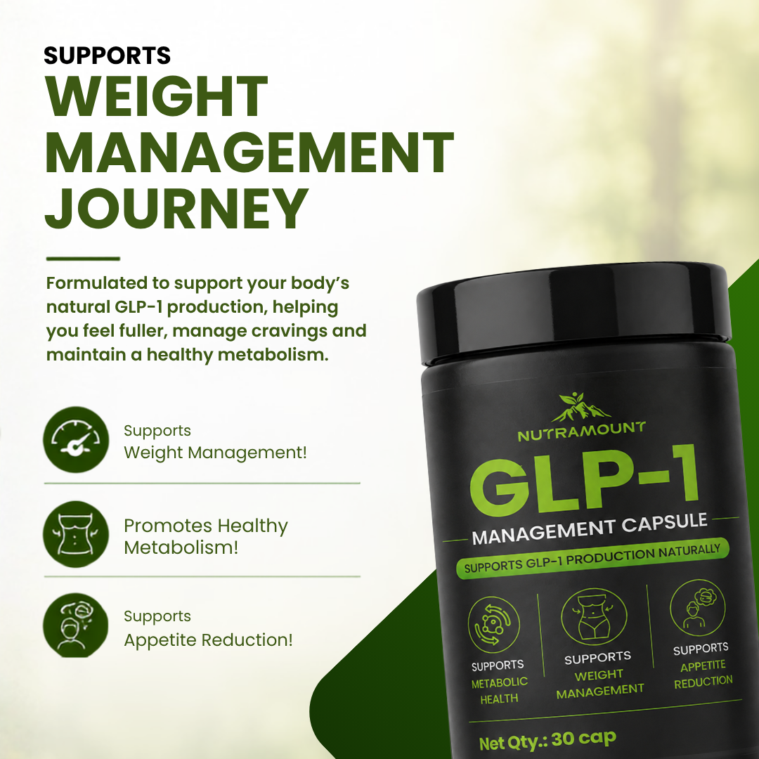 Nutramount GLP-1 Management Capsule supporting a weight management journey with appetite, metabolism and natural GLP-1 support.