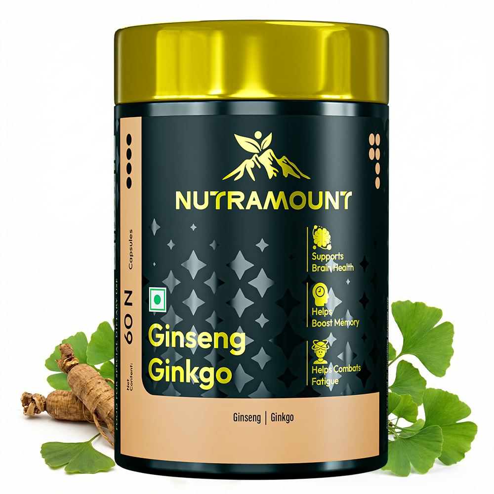 A Nutramount Ginseng Ginkgo supplement bottle with a gold lid, displayed next to fresh ginkgo leaves and ginseng roots. Text icons highlight benefits for brain health, memory, and fatigue.