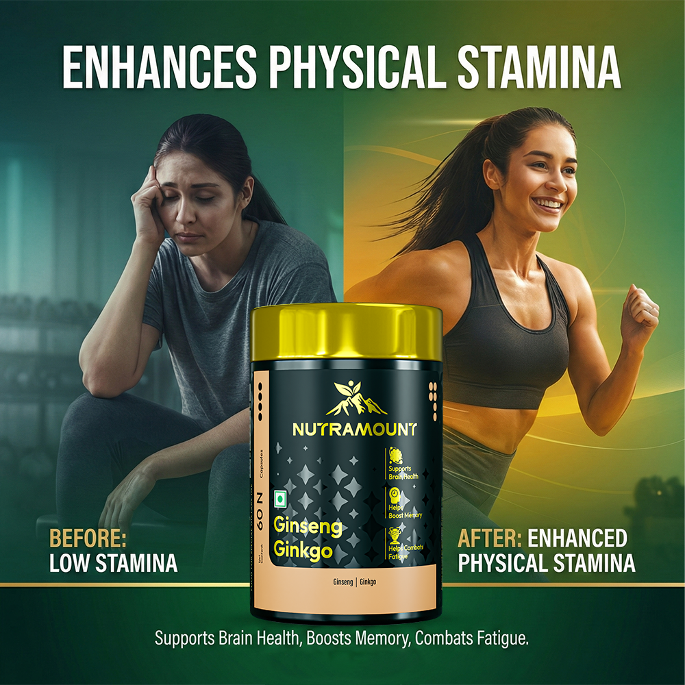 "Before and after" comparison graphic for Nutramount Ginseng Ginkgo, showing a woman's transition from low stamina to enhanced energy and brain health.