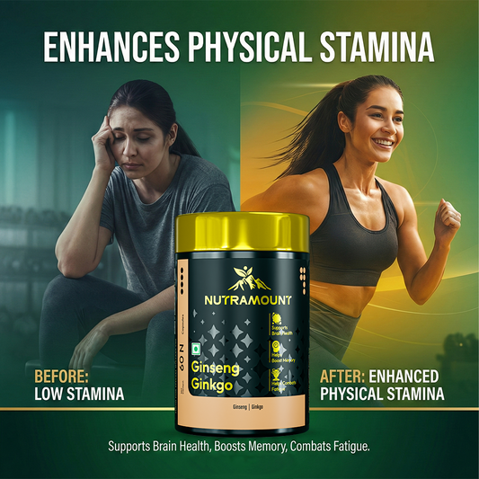 "Before and after" comparison graphic for Nutramount Ginseng Ginkgo, showing a woman's transition from low stamina to enhanced energy and brain health.