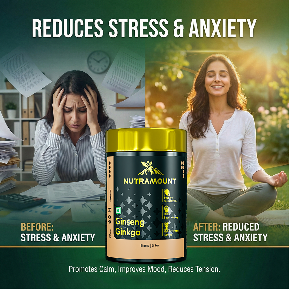 Nutramount Ginseng Ginkgo infographic showing a "before and after" comparison of a woman transitioning from work-related stress to a calm, meditative state.