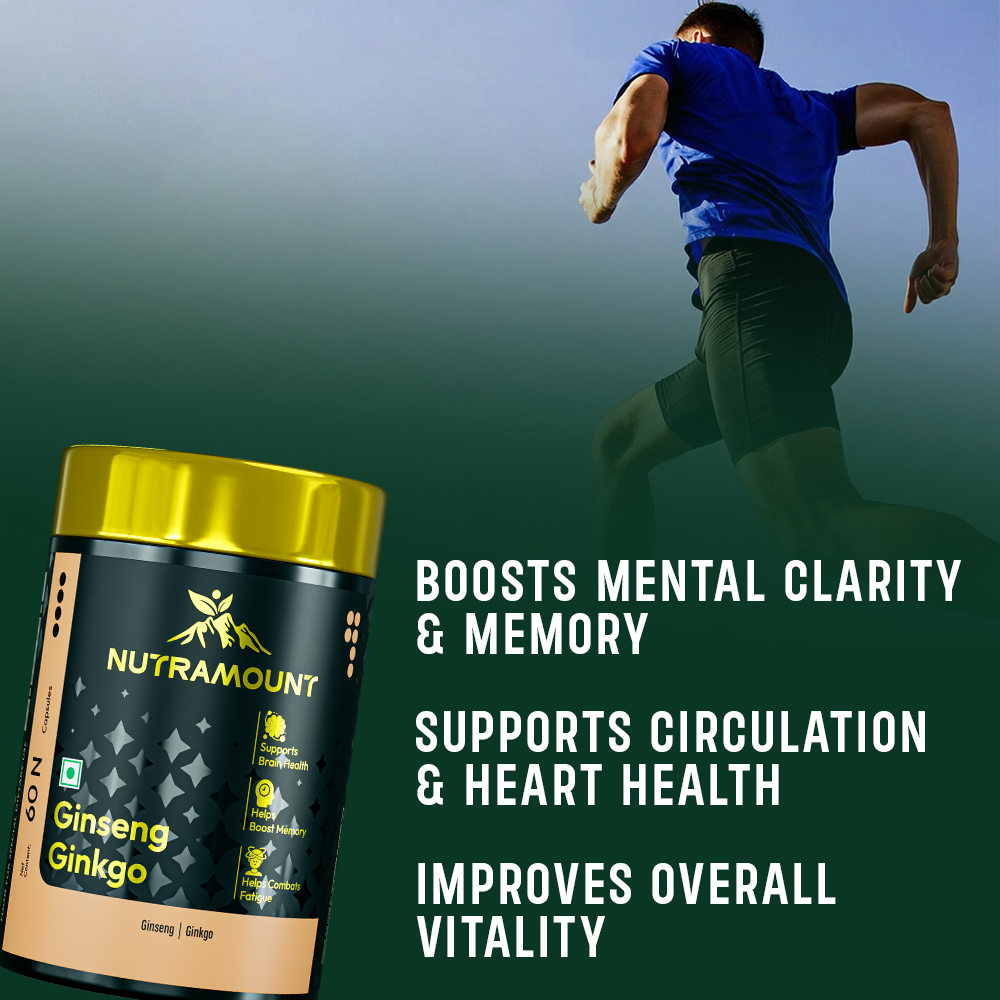 Nutramount Ginseng Ginkgo supplement bottle alongside an image of a man running. Text highlights benefits for mental clarity, memory, heart health, and overall vitality.